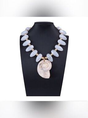 A Classy Chic Boutique White Shell Spiral Pendant Necklace with Gold Beads